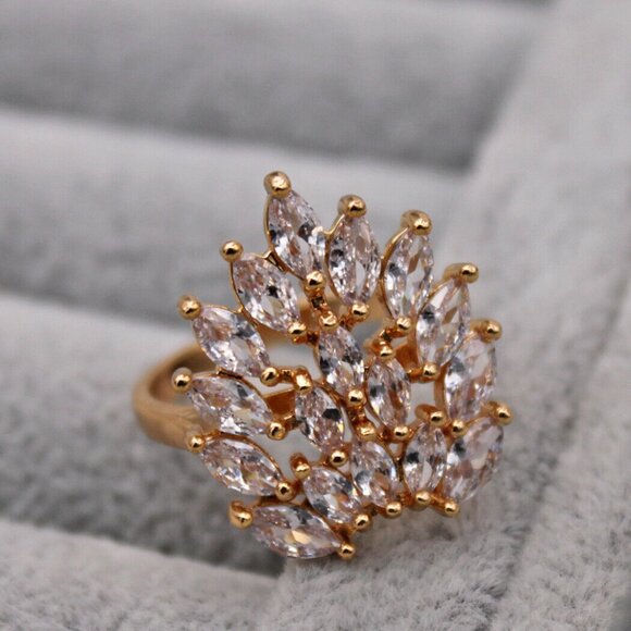 18K Yellow Gold Filled Multi Layer Flower Leaf Diamond Zircon Ring Gorgeous Gift - Picture 4 of 7